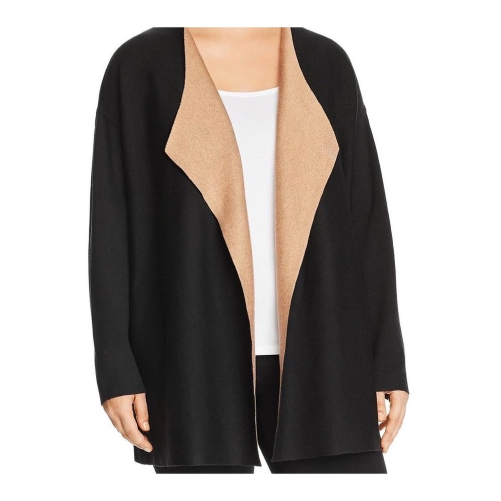 Eileen‎ Fisher Woman Size 1X Silk Organic Cotton Reversible Cardigan Black Camel